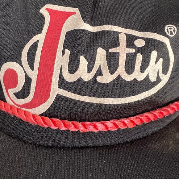 Vintage Justin Boots 3 Stripe Snapback Hat Trucker Mesh Large Black Red No Foam - Picture 7 of 11